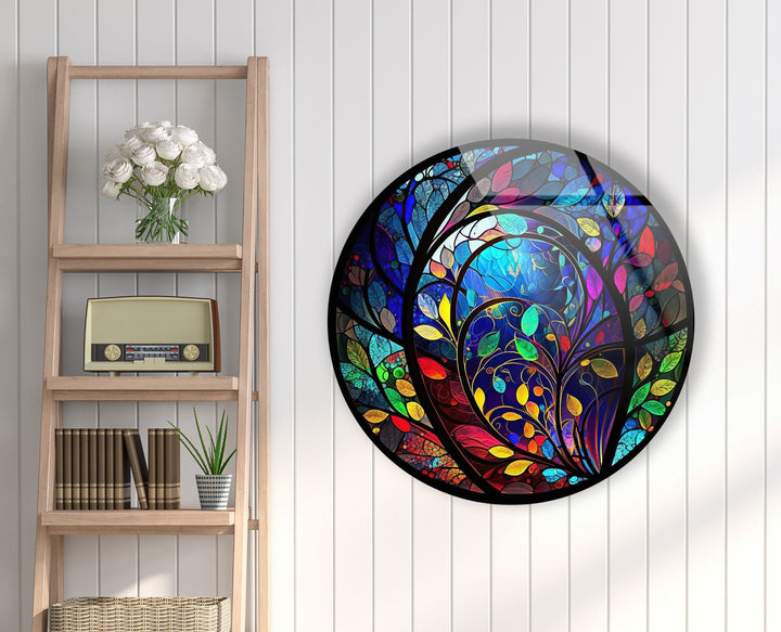 Stained Colorful Leaf Round Glass Wall Art custom glass pictures, glass art prints
