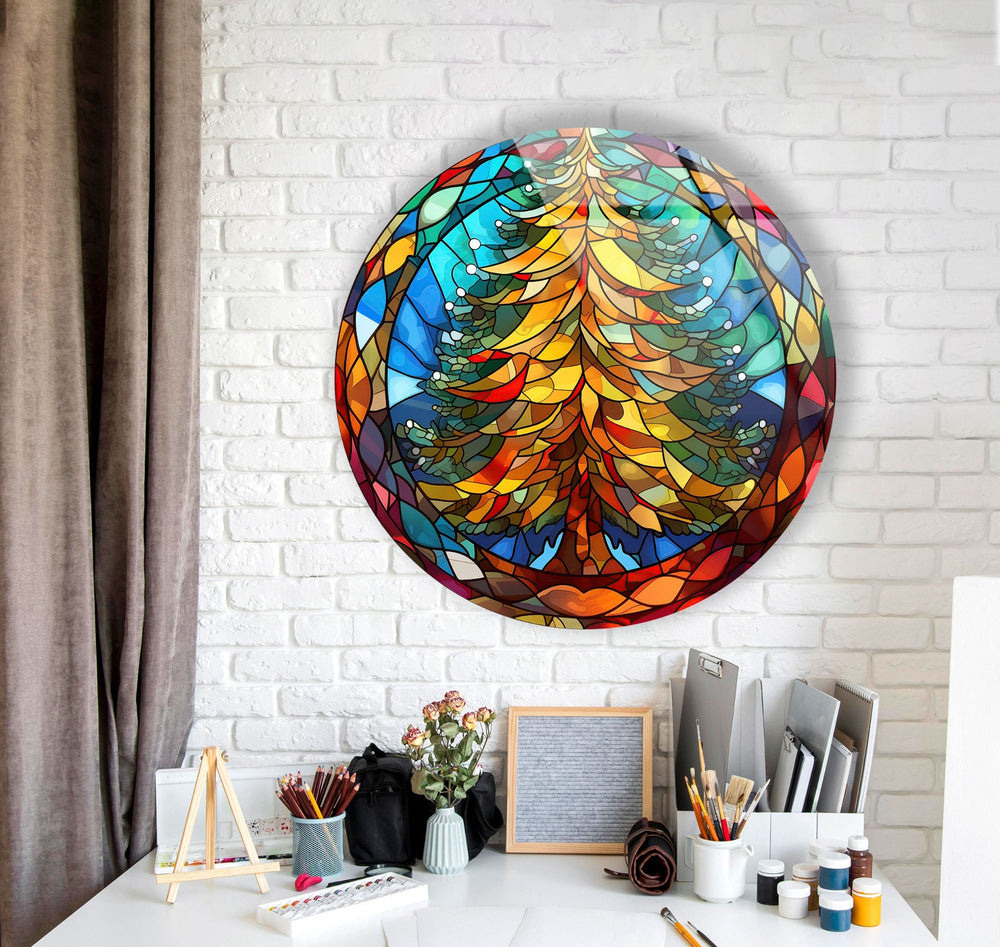 Stained Christmas Pine Tree Round Glass Wall Art stained glass wall art, stained glass wall decor
