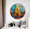 Stained Christmas Tree Round Tempered Glass Wall Art