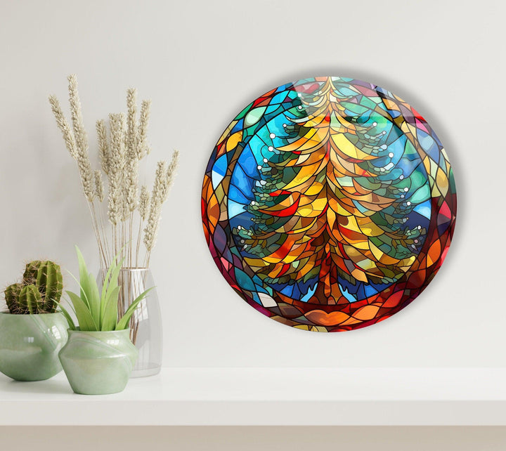 Stained Christmas Pine Tree Round Glass Wall Art art glass wall art, glass wall art pictures
