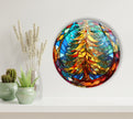 Stained Christmas Tree Round Tempered Glass Wall Art