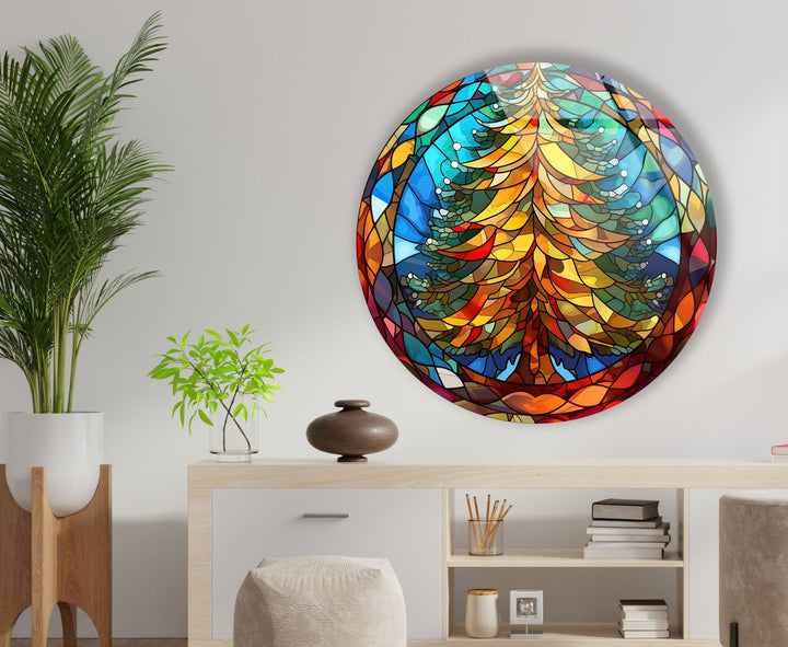 Stained Christmas Pine Tree Round Glass Wall Art glass photo prints, glass picture prints
