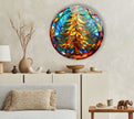 Stained Christmas Tree Round Tempered Glass Wall Art