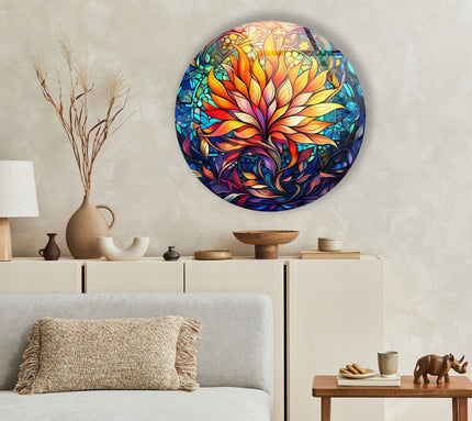 Yellow Floral Mandala Round Glass Wall Art