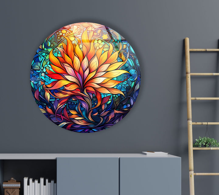 Yellow Floral Mandala Round Glass Wall Art photo print on glass, prints on glass wall art