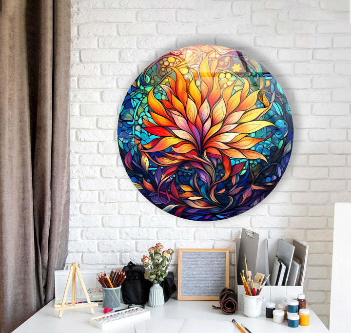 Yellow Floral Mandala Round Glass Wall Art glass photo prints, glass picture prints