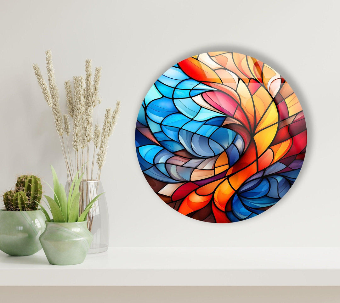 Stained Round Blue & Orange Glass Wall Art Glass Printing Wall Art, Print photos on glass
