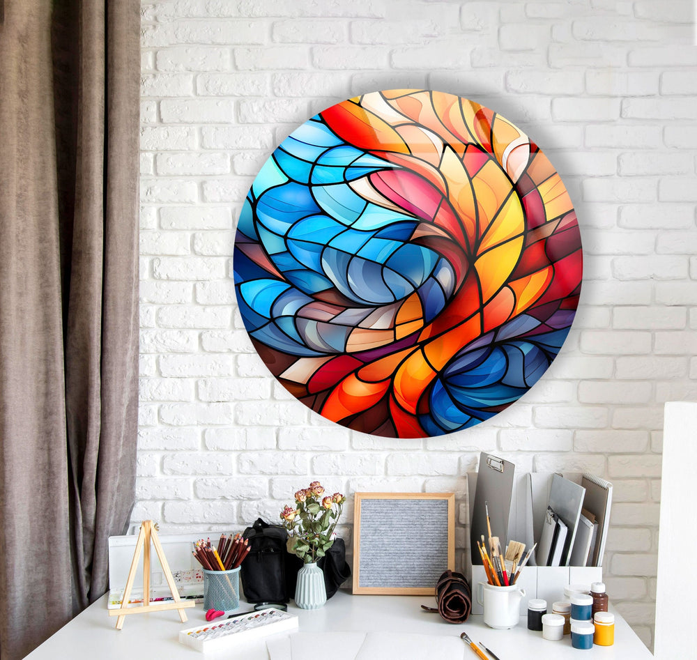 Stained Round Blue & Orange Glass Wall Art glass art painting, glass art for the Wall
