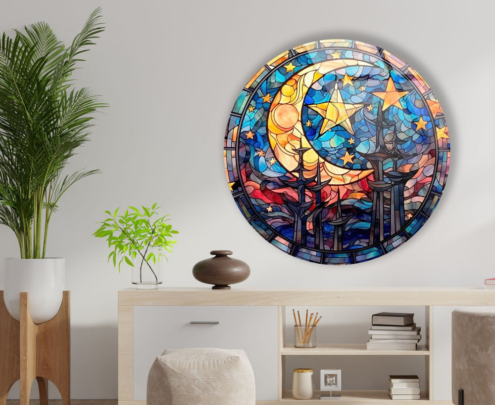 Stained Moon Stars Round Glass Wall Art art glass wall art, glass wall art pictures
