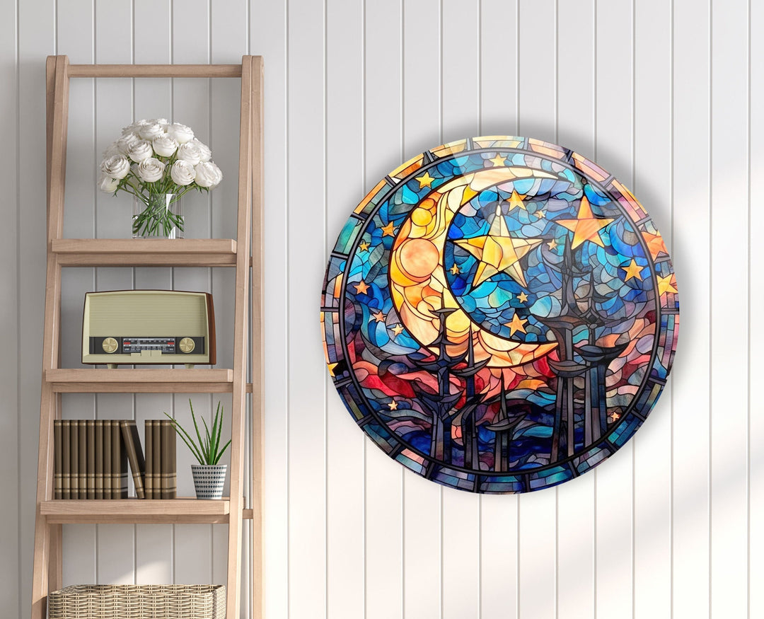 Stained Moon Stars Round Glass Wall Art custom glass pictures, glass art prints
