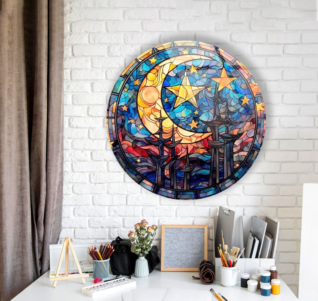 Stained Moon Stars Round Glass Wall Art photo print on glass, prints on glass wall art
