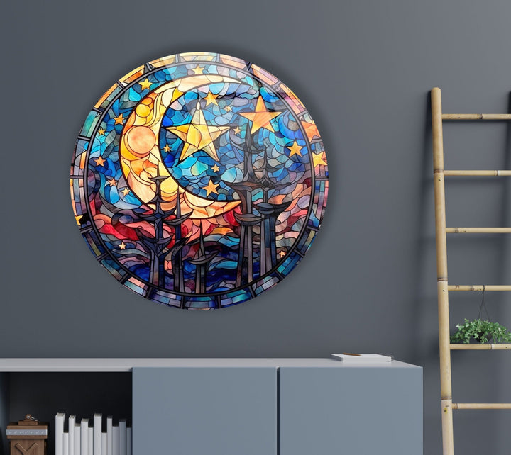 Stained Moon Stars Round Glass Wall Art custom glass photo prints, large glass prints
