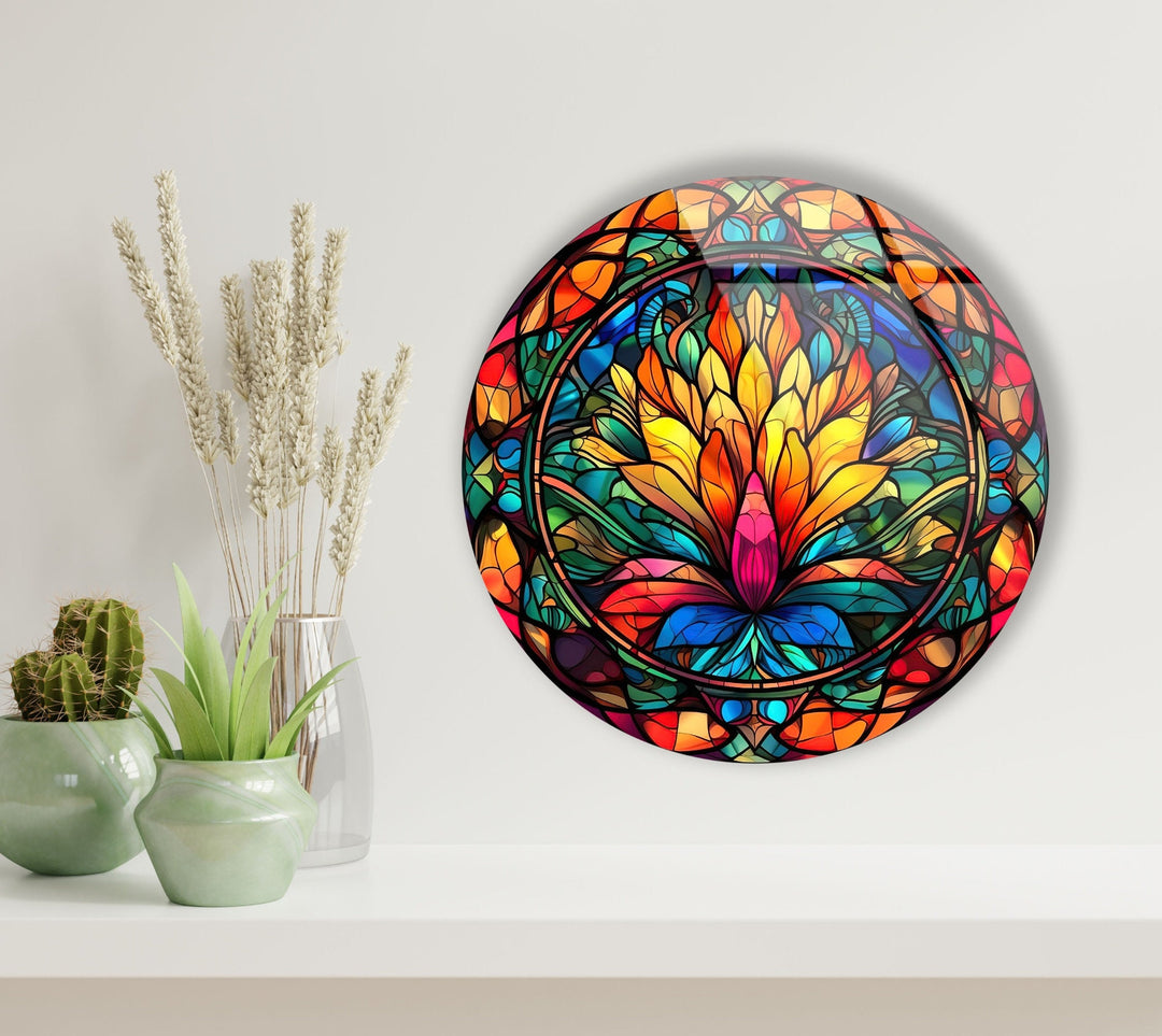 Yellow Flower Stained Round Glass Wall Art large glass photo prints, glass wall photos
