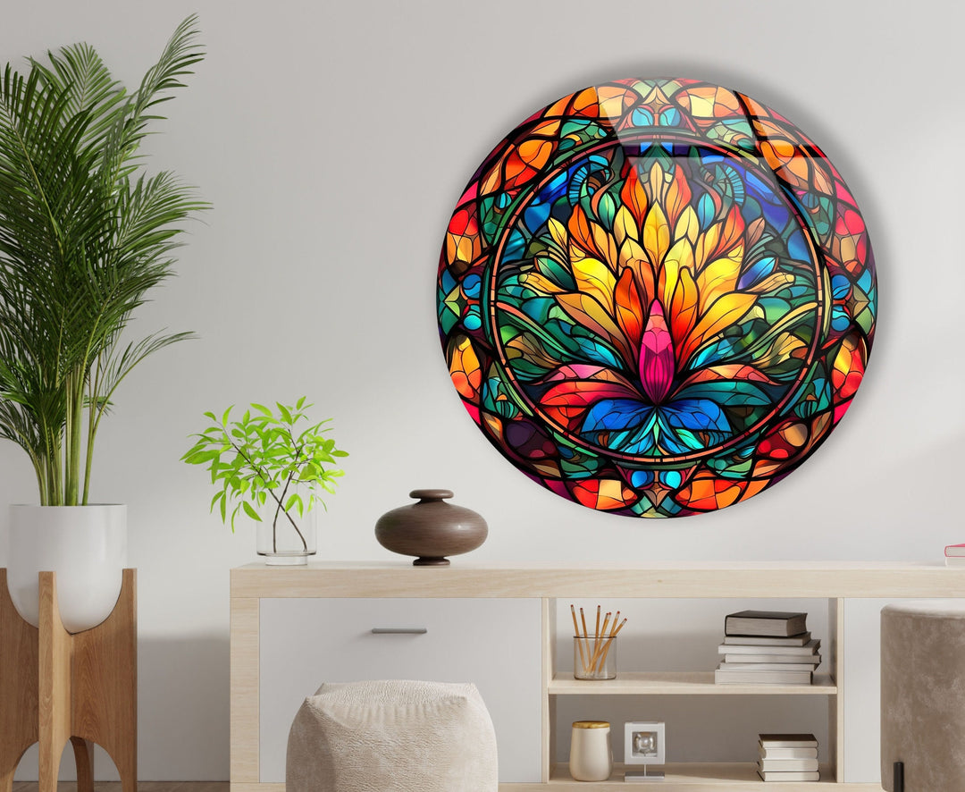 Yellow Flower Stained Round Glass Wall Art custom glass pictures, glass art prints
