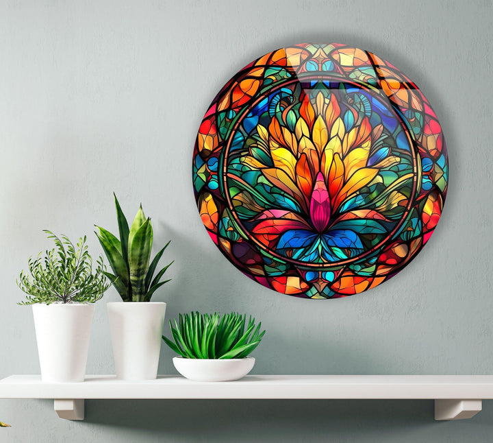 Yellow Flower Stained Round Glass Wall Art glass pictures for Wall, glass prints wall art
