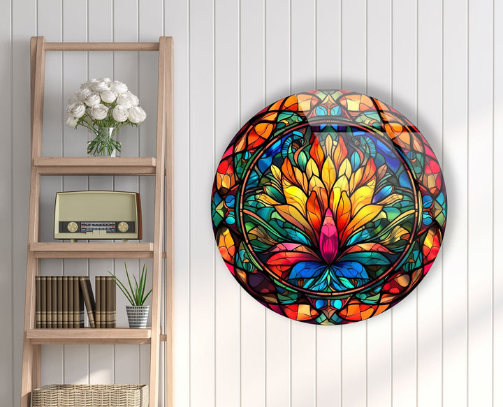 Yellow Flower Stained Round Glass Wall Art glass image printing, glass prints from photos
