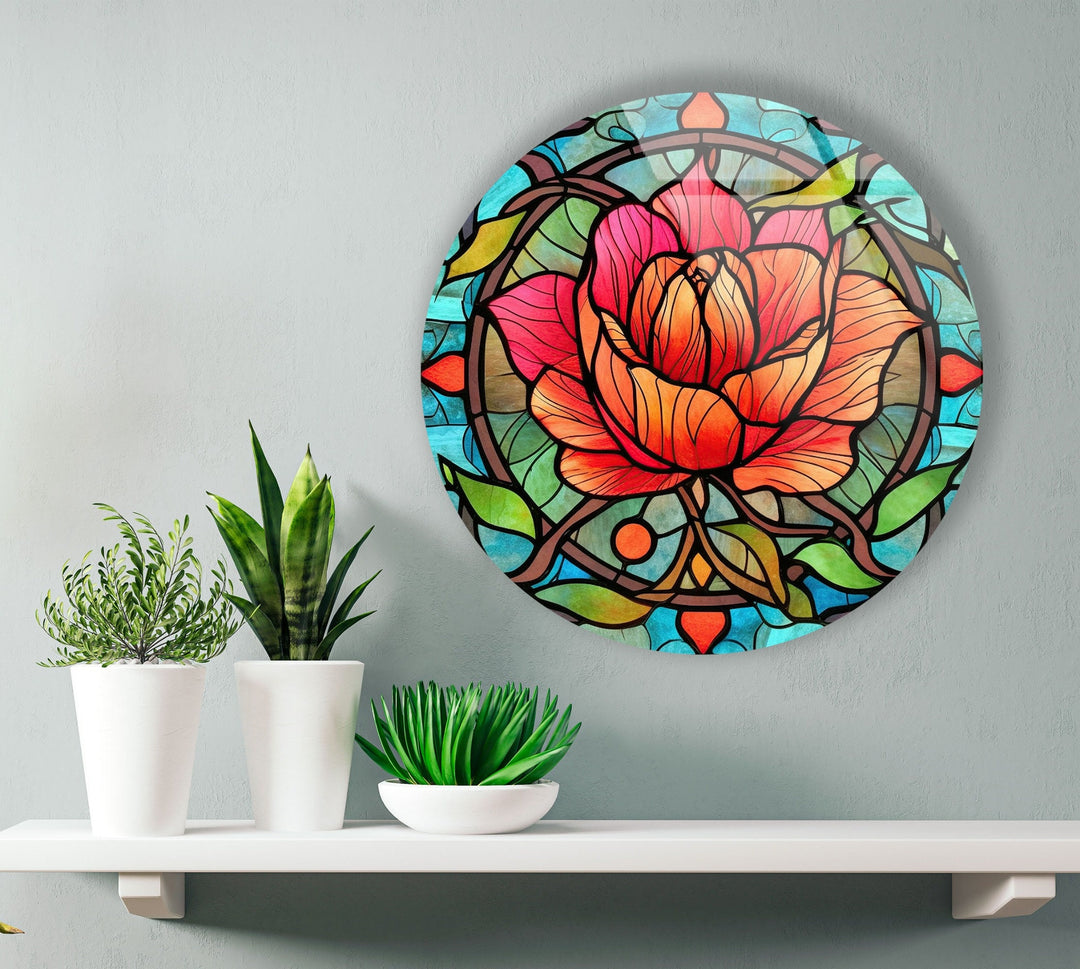 Stained Round Red Rose Glass Wall Art glass pictures for Wall, glass prints wall art
