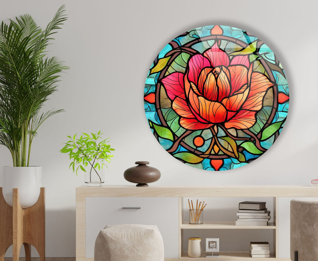 Stained Round Red Rose Glass Wall Art custom glass photo prints, large glass prints
