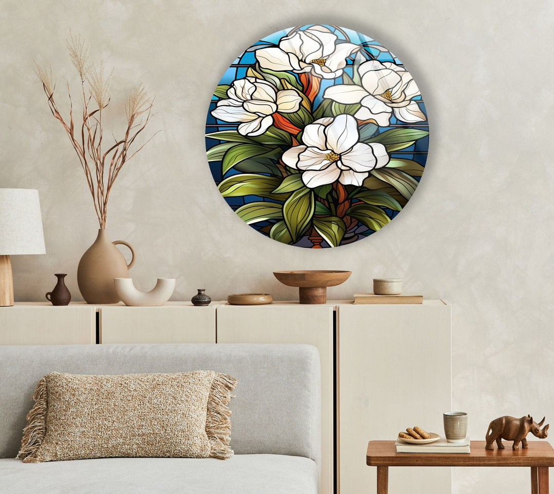 Stained Round White Flowers Glass Wall Art custom glass pictures, glass art prints
