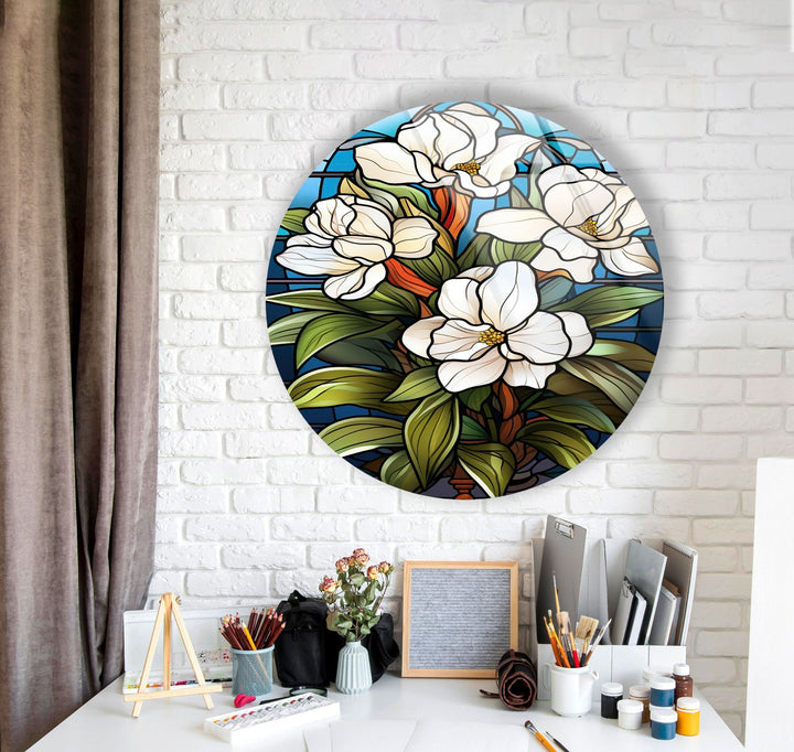 Stained Round White Flowers Glass Wall Art picture on glass wall art, photos printed on glass
