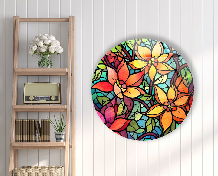 Stained Flower and Leaf Details Round Glass Wall Art stained glass wall art, stained glass wall decor
