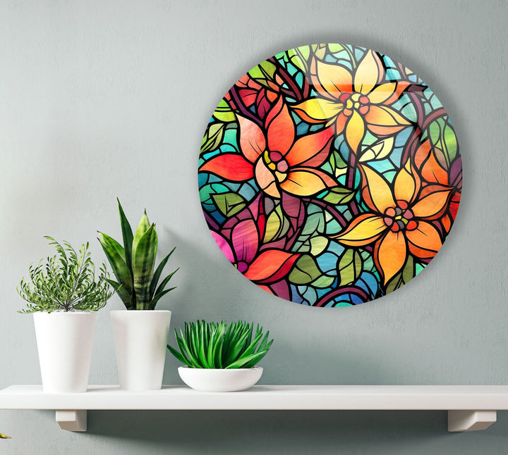 Stained Flower and Leaf Details Round Glass Wall Art glass photo prints, glass picture prints
