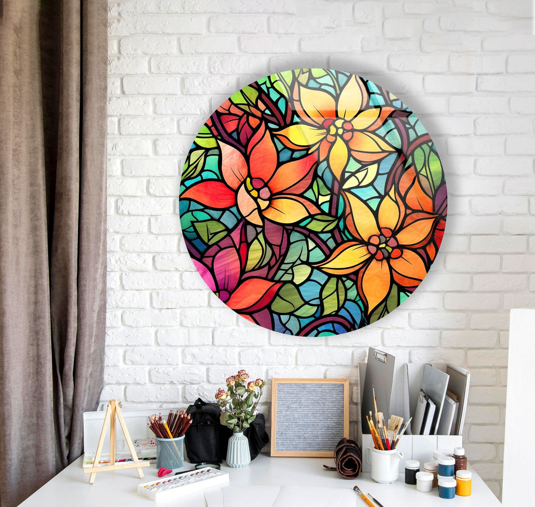 Stained Flower and Leaf Details Round Glass Wall Art glass image printing, glass prints from photos
