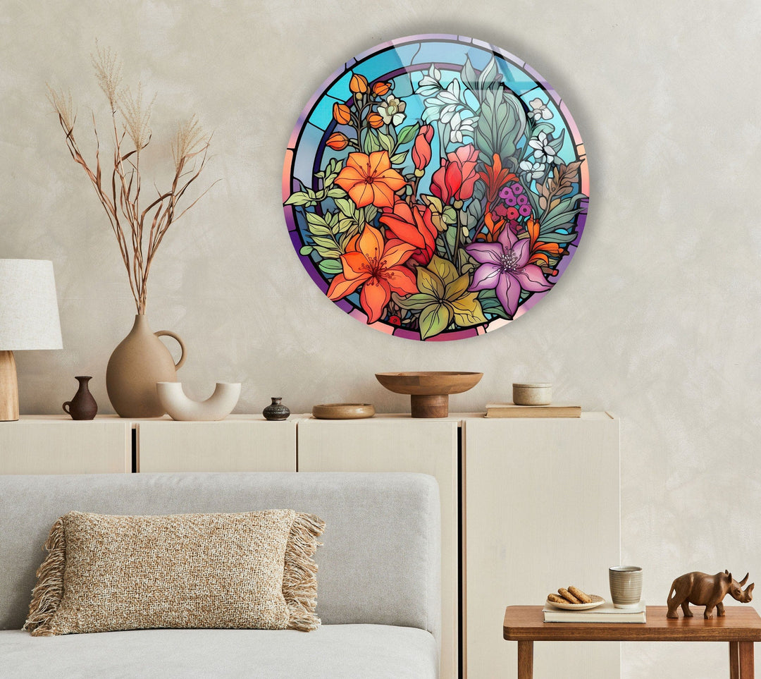 Colored Stained Flower Round Glass Wall Art glass image printing, glass prints from photos
