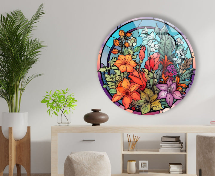 Colored Stained Flower Round Glass Wall Art custom glass pictures, glass art prints
