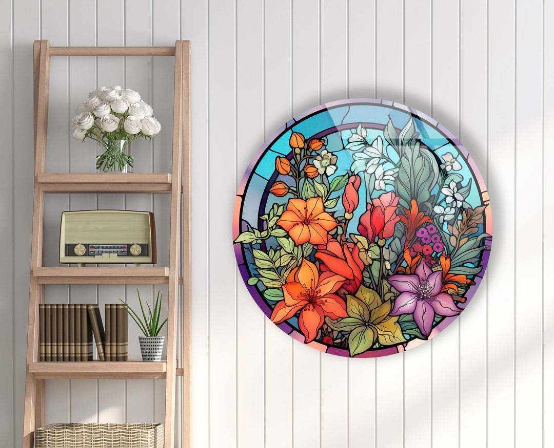 Colored Stained Flower Round Glass Wall Art photo print on glass, prints on glass wall art
