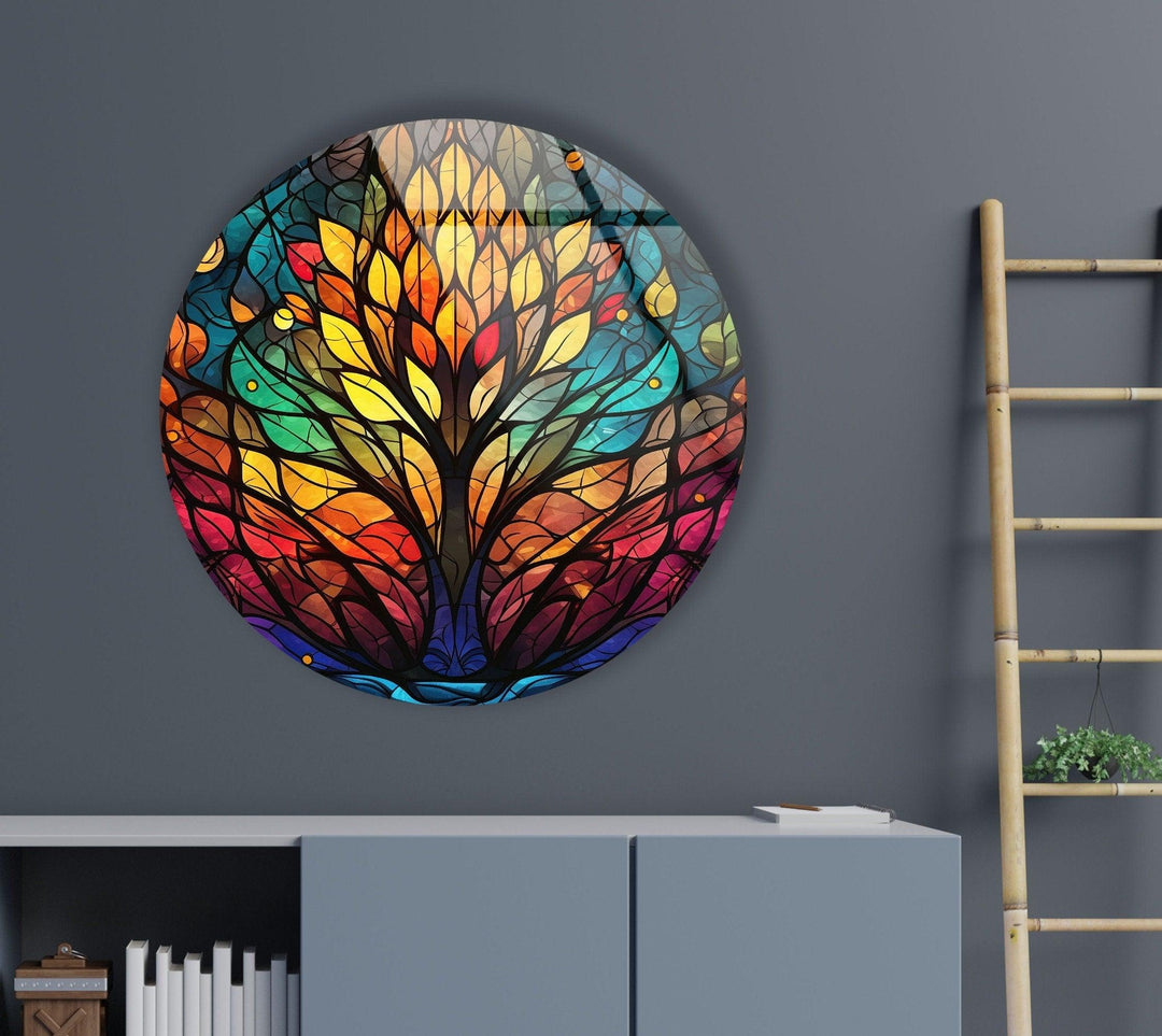 Tree Design Stained Round Glass Wall Art stained glass wall art, stained glass wall decor
