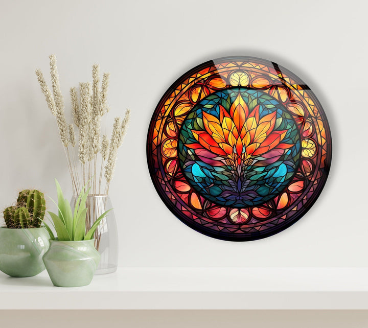 Stained Round Orange Lotus Glass Wall Art glass photo prints, glass picture prints
