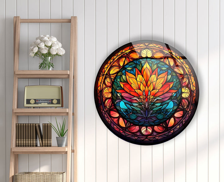 Stained Round Orange Lotus Glass Wall Art glass image printing, glass prints from photos
