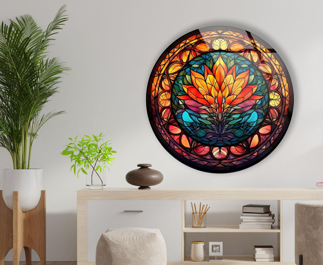 Stained Round Orange Lotus Glass Wall Art custom glass pictures, glass art prints
