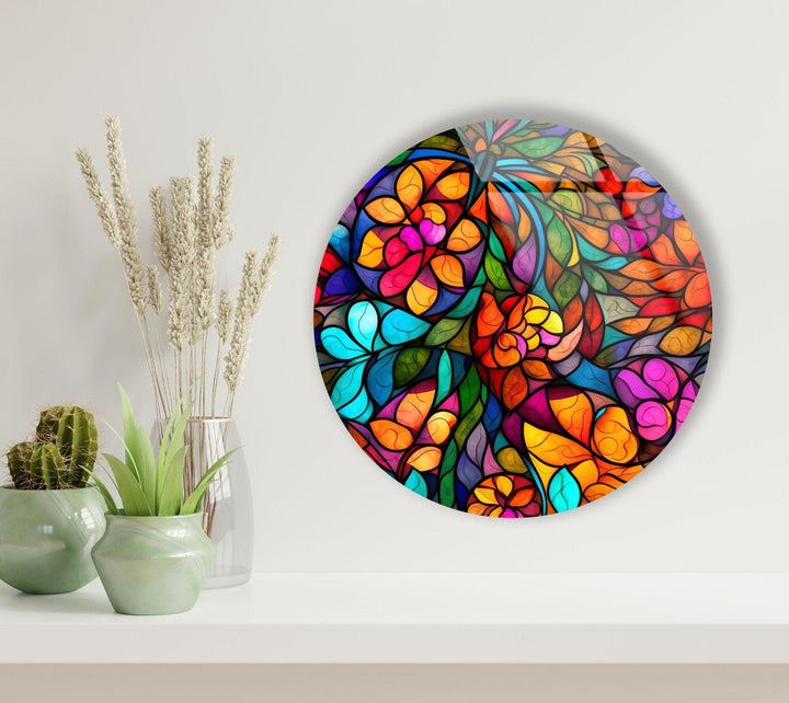 Stained Colored Fractal Round Glass Wall Art glass art painting, glass art for the Wall