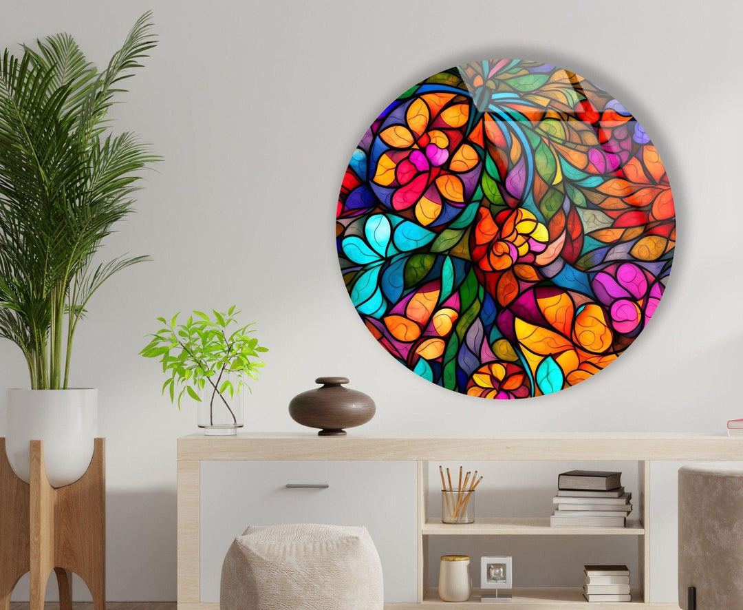 Stained Colored Fractal Round Glass Wall Art Glass Printing Wall Art, Print photos on glass
