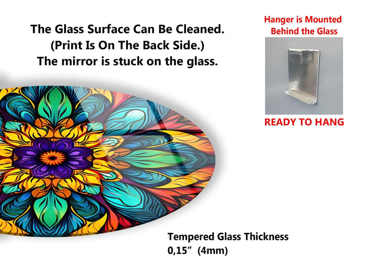 The Stained Round Tempered Glass Wall Art showcases a vibrant, multicolored floral design. Text on the left indicates that the glass surface can be easily cleaned and features UV printing technology applied to the back. On the right side, there's a hanger for easy mounting accompanied by "READY TO HANG" text. Ideal for interior decoration, this 4mm thick mirror is perfect for adding a decorative touch to any space.