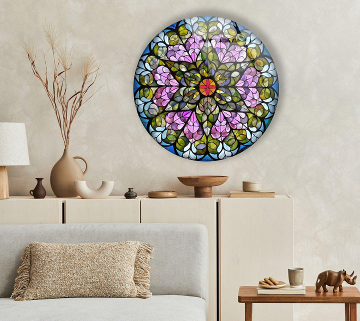 Stained Round Pink Flowers Glass Wall Art photo print on glass, prints on glass wall art
