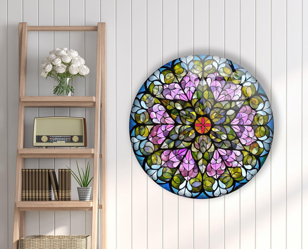 Stained Round Pink Flowers Glass Wall Art picture on glass wall art, photos printed on glass
