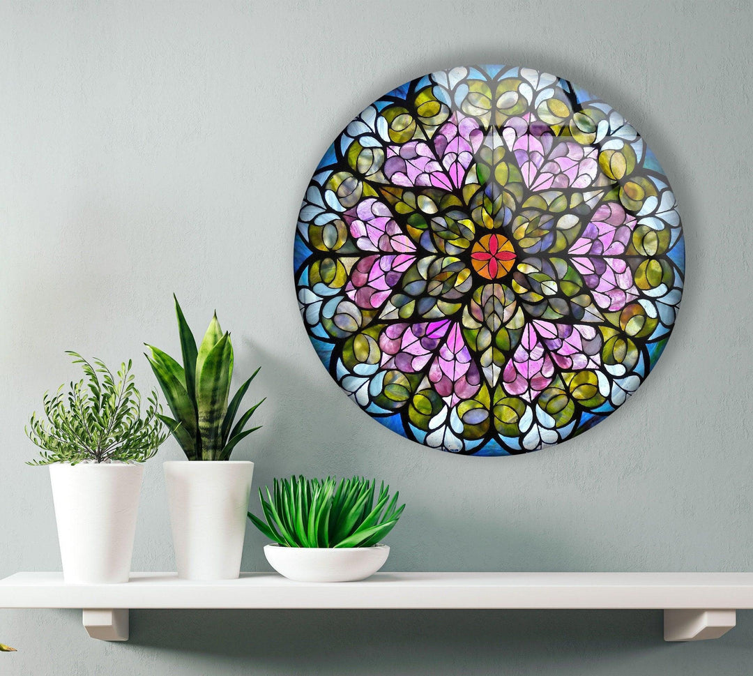 Stained Round Pink Flowers Glass Wall Art print picture on glass, Tempered Glass Wall Art
