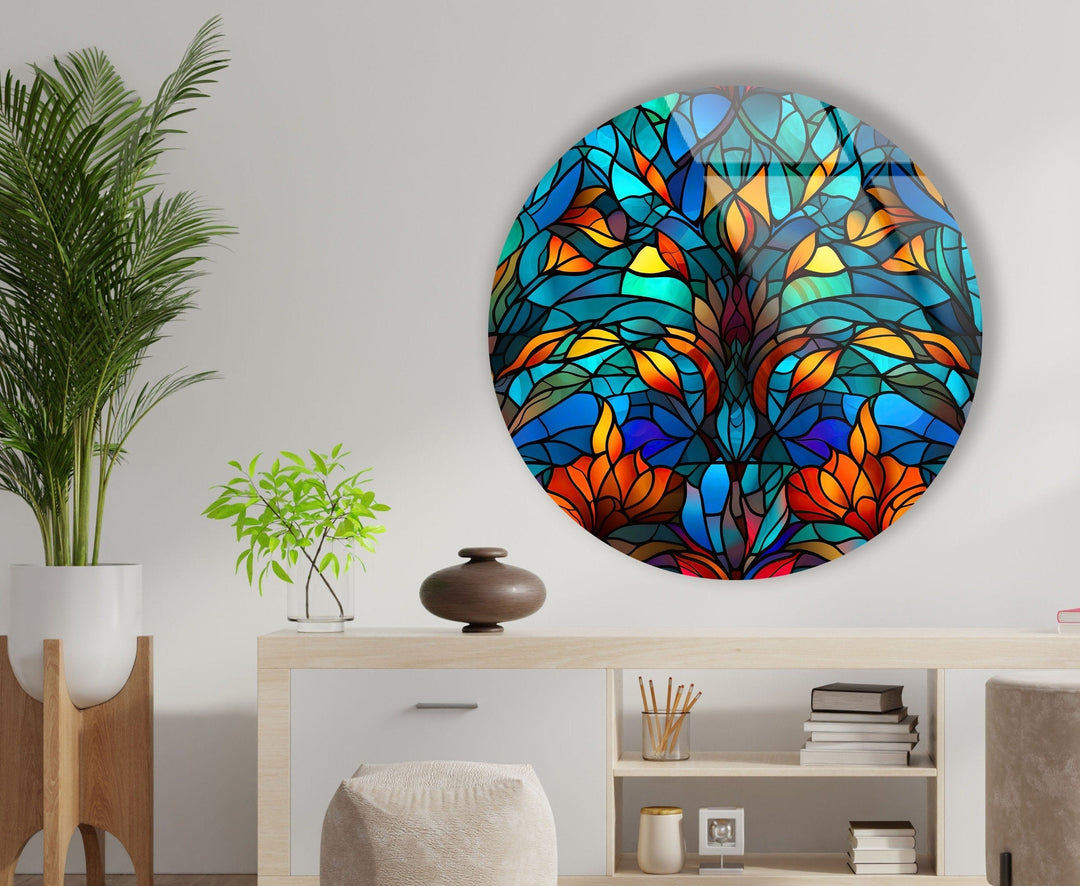 Blue Stained Round Tree Glass Wall Art custom glass photo prints, large glass prints
