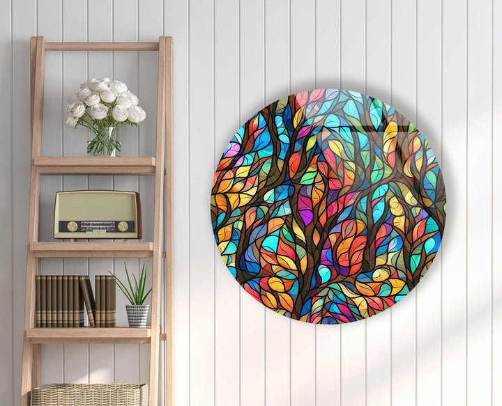 Stained Round Colorful Leaves Glass Wall Art picture on glass wall art, photos printed on glass
