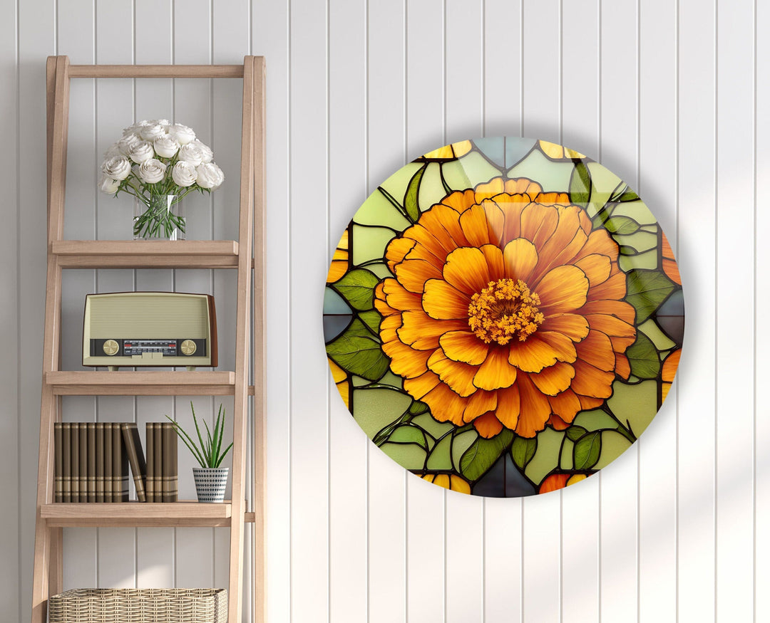 Marigold Flower Stained Round Glass Wall Art Glass Printing Wall Art, Print photos on glass
