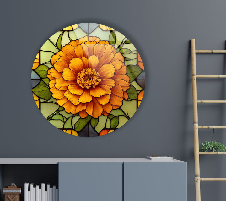 Marigold Flower Stained Round Glass Wall Art glass image printing, glass prints from photos
