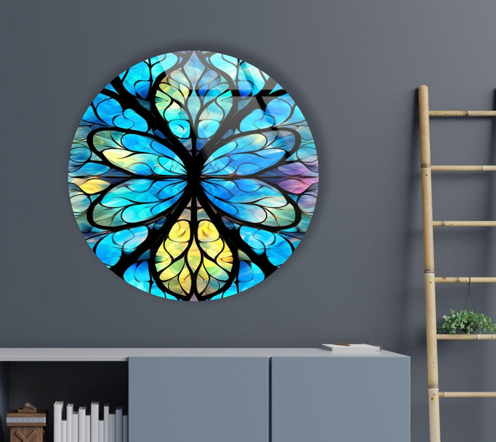 Stained Round Blue Mandala Glass Wall Art glass art painting, glass art for the Wall
