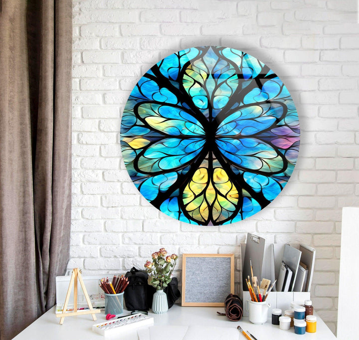 Stained Round Blue Mandala Glass Wall Art glass pictures for Wall, glass prints wall art
