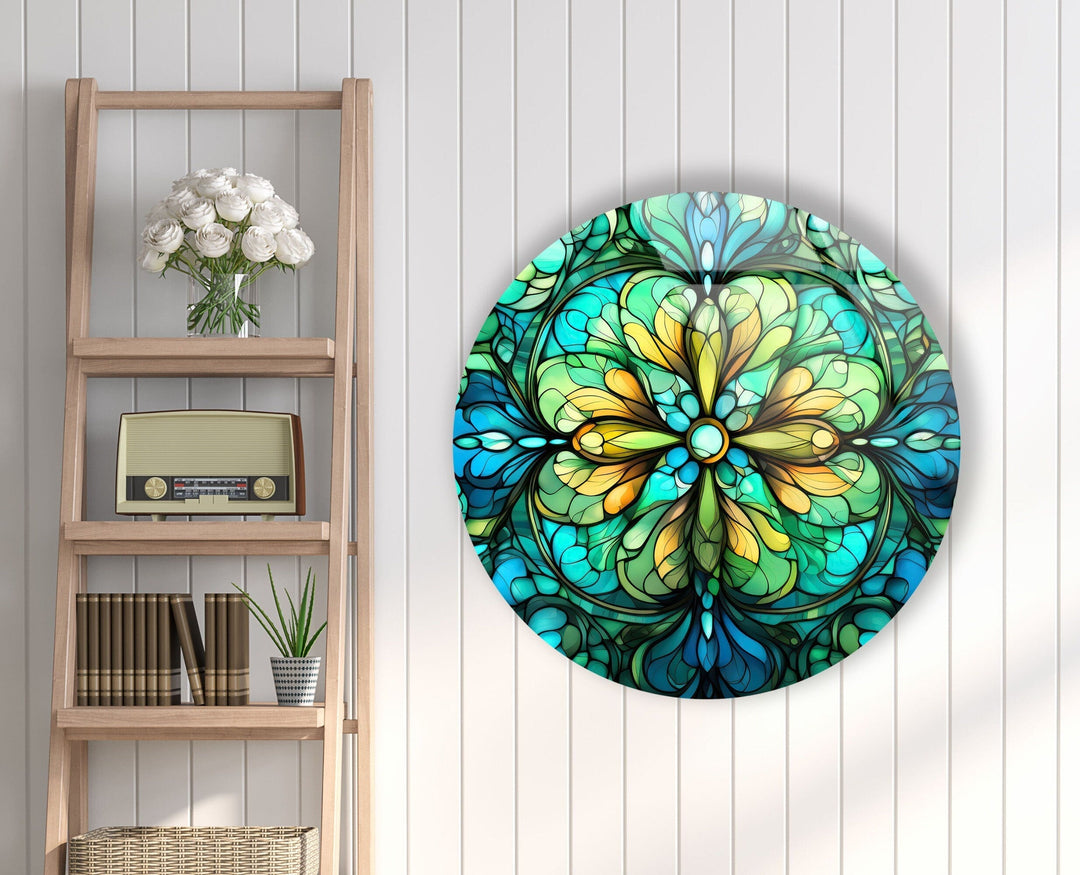 Big Green Flower Stained Round Glass Wall Art glass photo prints, glass picture prints
