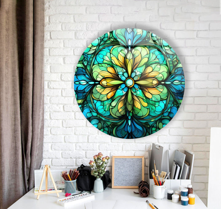 Big Green Flower Stained Round Glass Wall Art glass image printing, glass prints from photos
