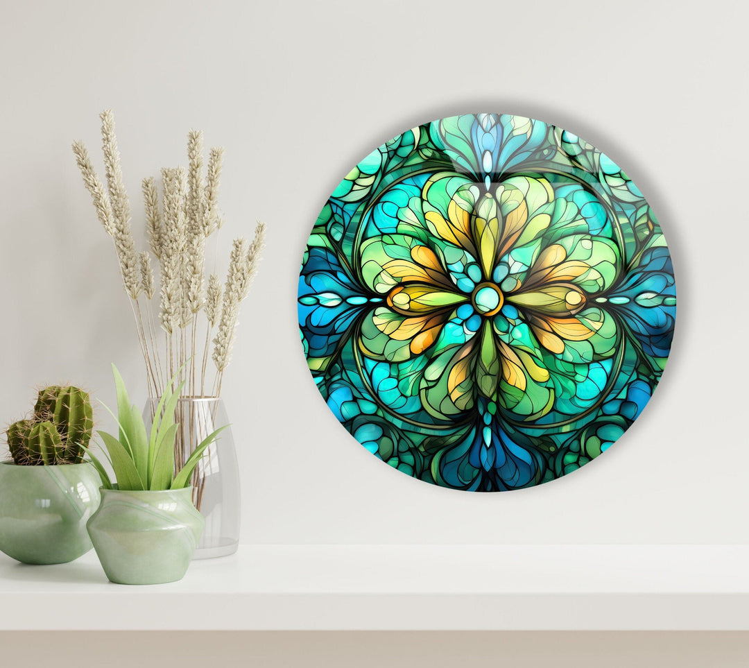 Big Green Flower Stained Round Glass Wall Art glass pictures for Wall, glass prints wall art
