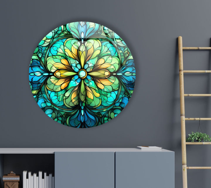 Big Green Flower Stained Round Glass Wall Art custom glass pictures, glass art prints
